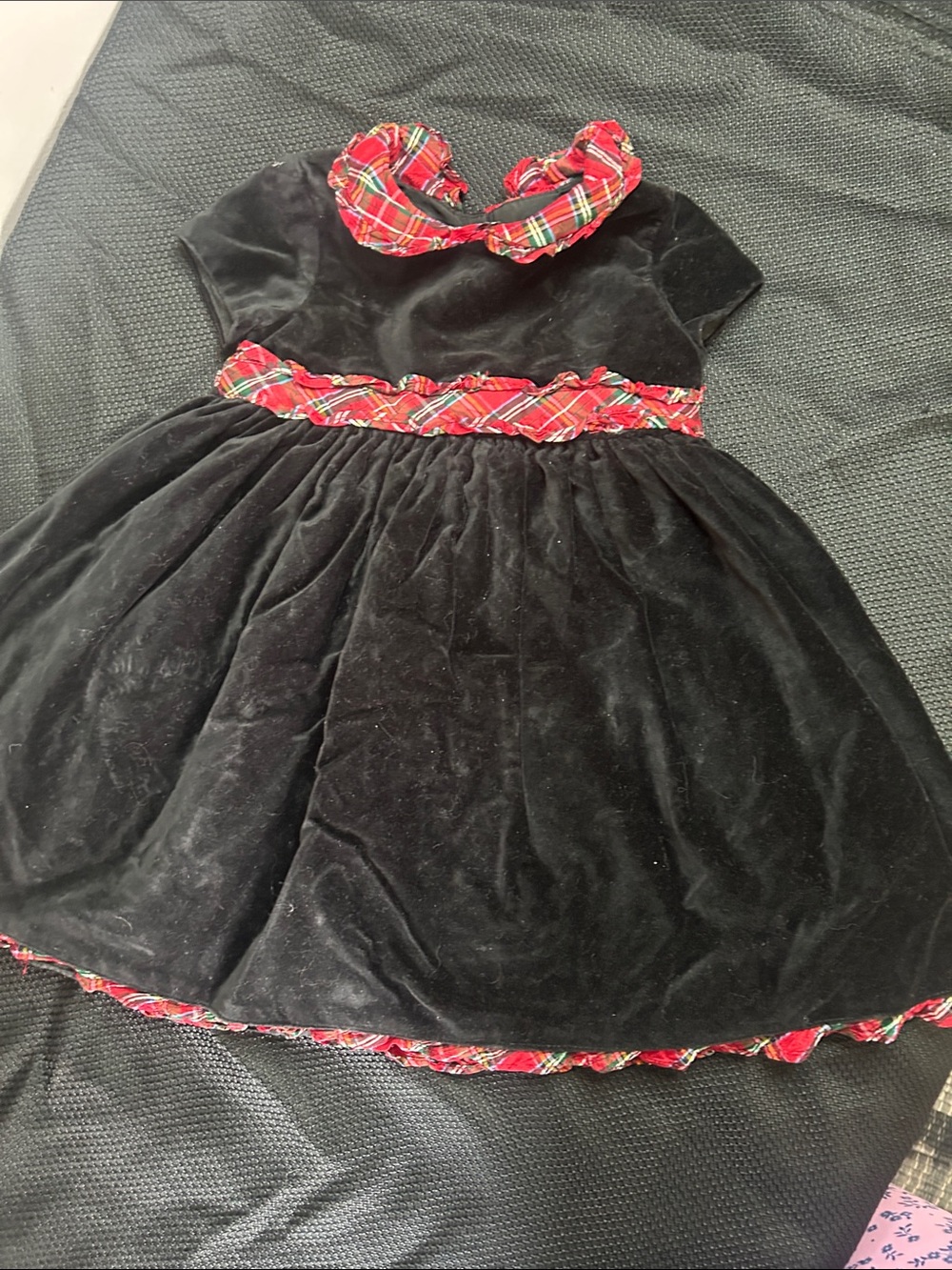 Laura Ashley Black Velvet Dress with Red Tartan Trim